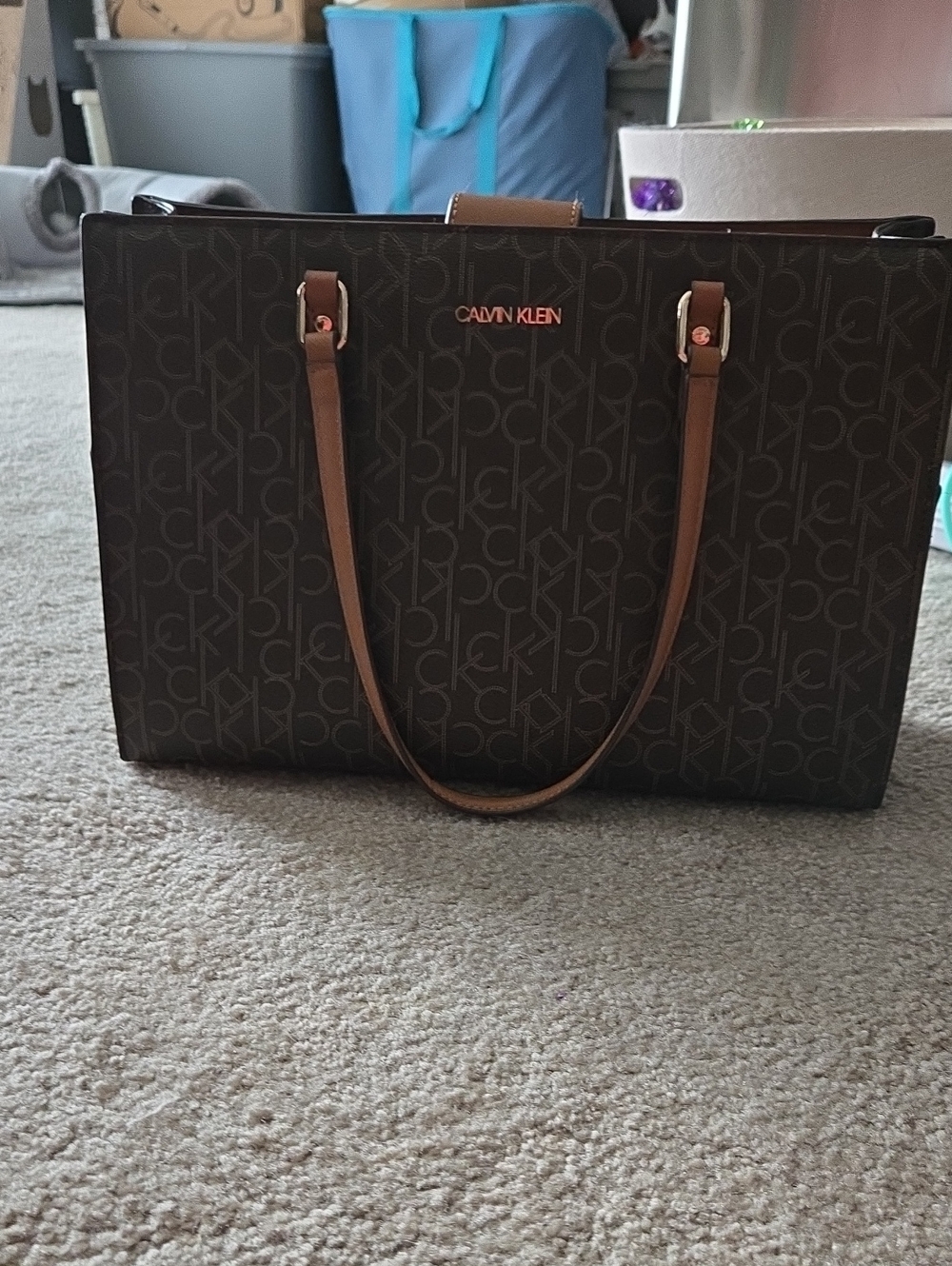 Calvin Klein Dark Brown Monogram Tote with Tan Straps